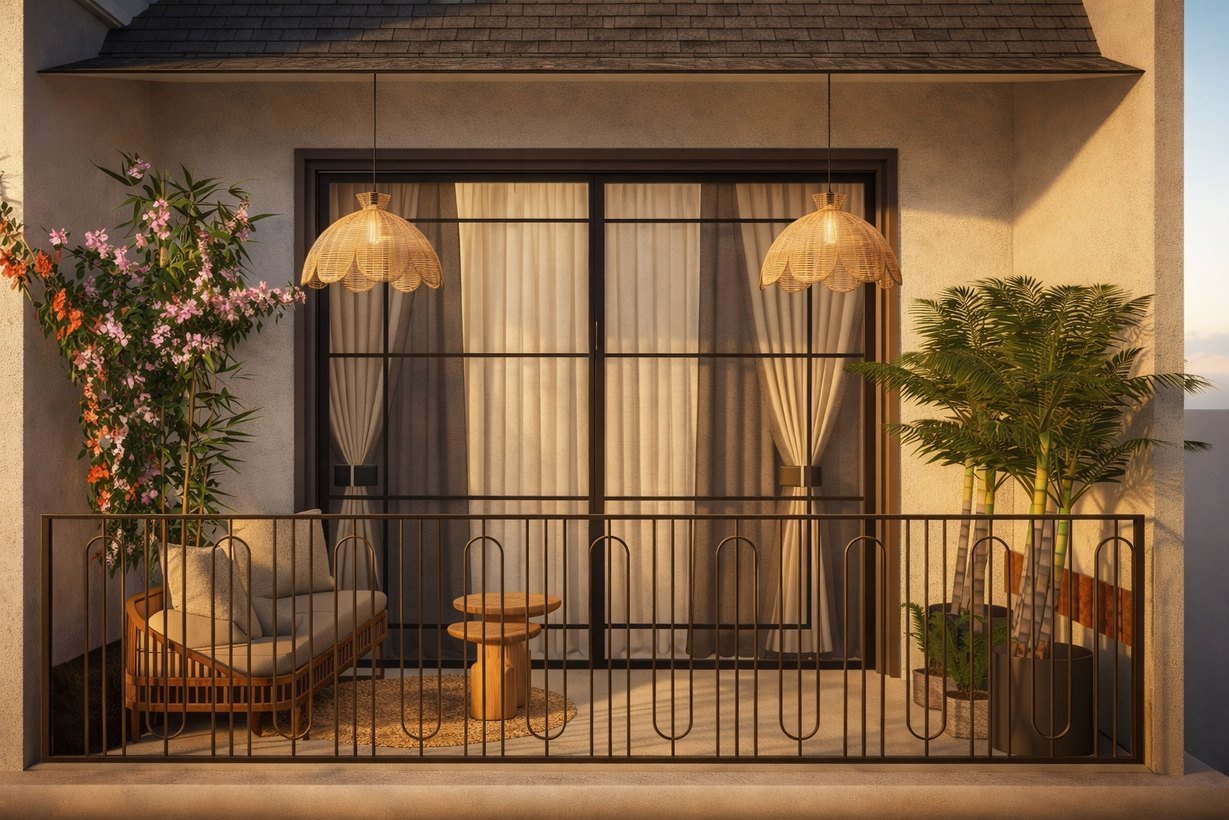 Arched balcony opening with planting at Ganga Vana Villas