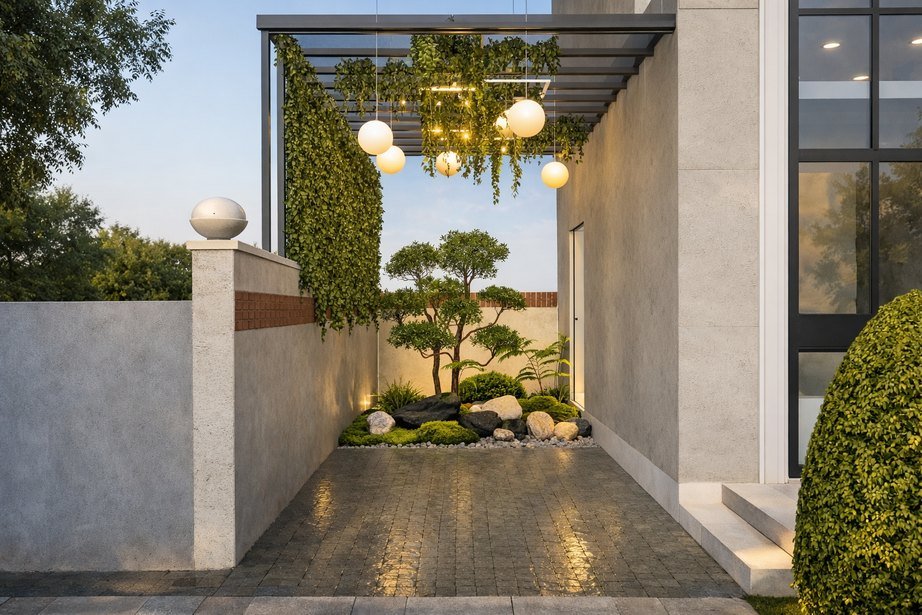 Private green edge and landscaped garden strip beside a villa at Ganga Vana Villas