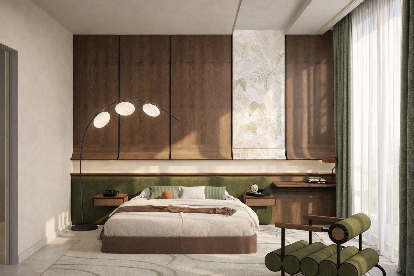 Bedroom detail with custom joinery and soft lighting at Ganga Vana Villas