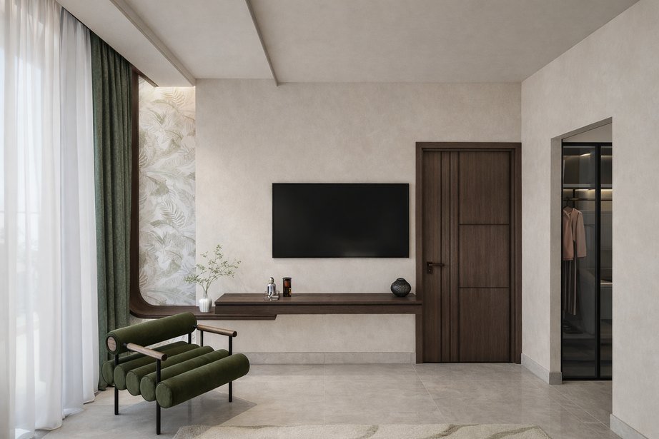 Master bedroom suite with layered textures at Ganga Vana Villas
