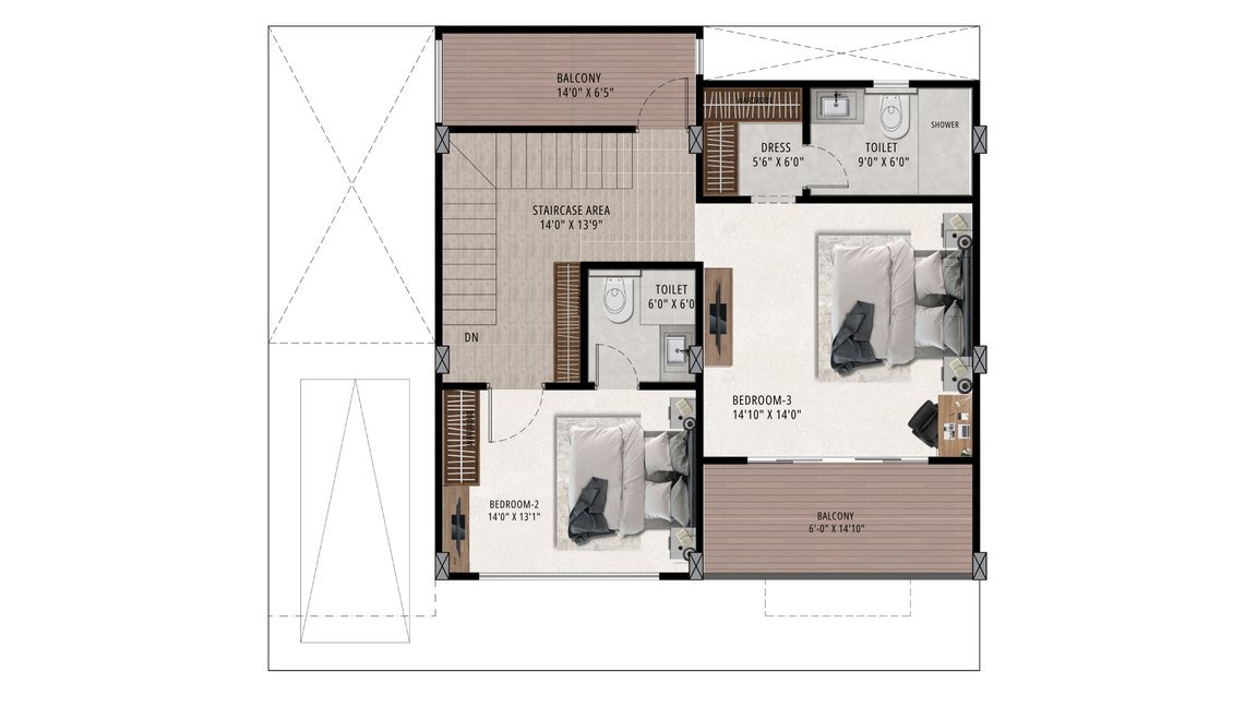 First floor plan of a Ganga Vana villa showing bedroom 2, bedroom 3 and balconies