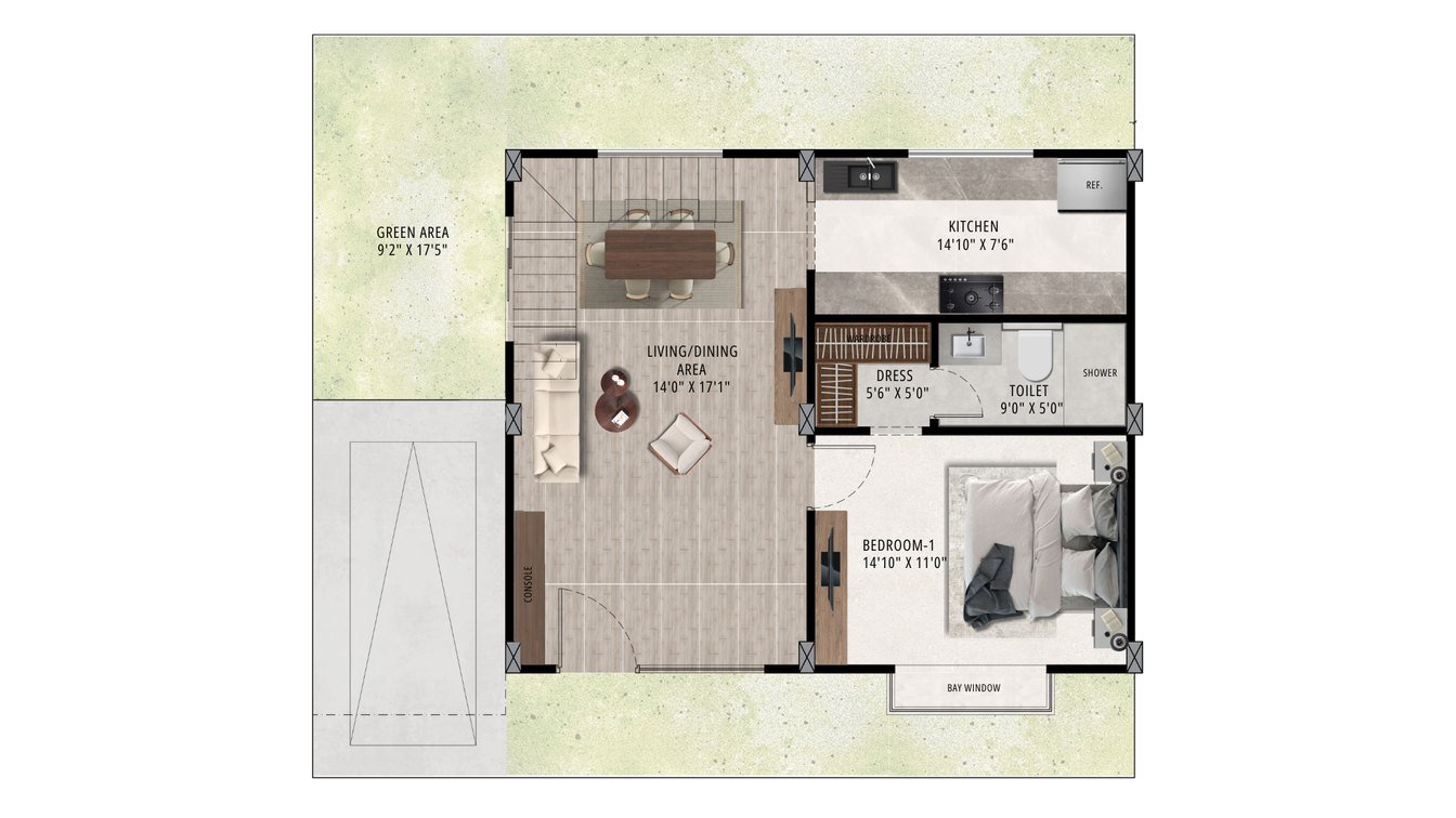 Ground floor plan of a Ganga Vana villa showing living, dining, kitchen and bedroom 1