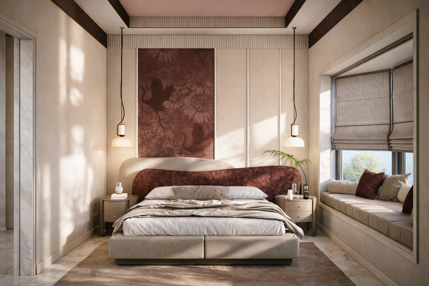 Open living and dining interior of a Ganga Vana villa with Italian marble flooring