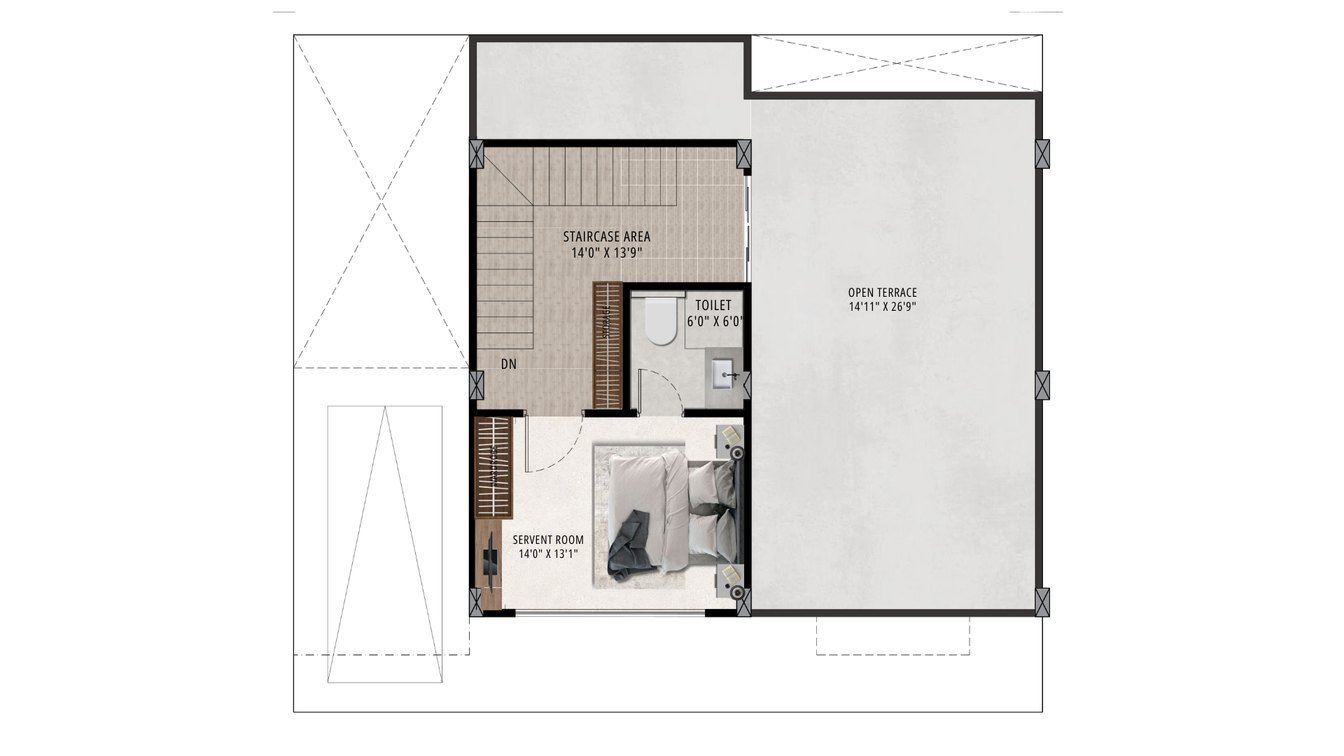 Mumty floor plan of a Ganga Vana villa showing servant room and open terrace