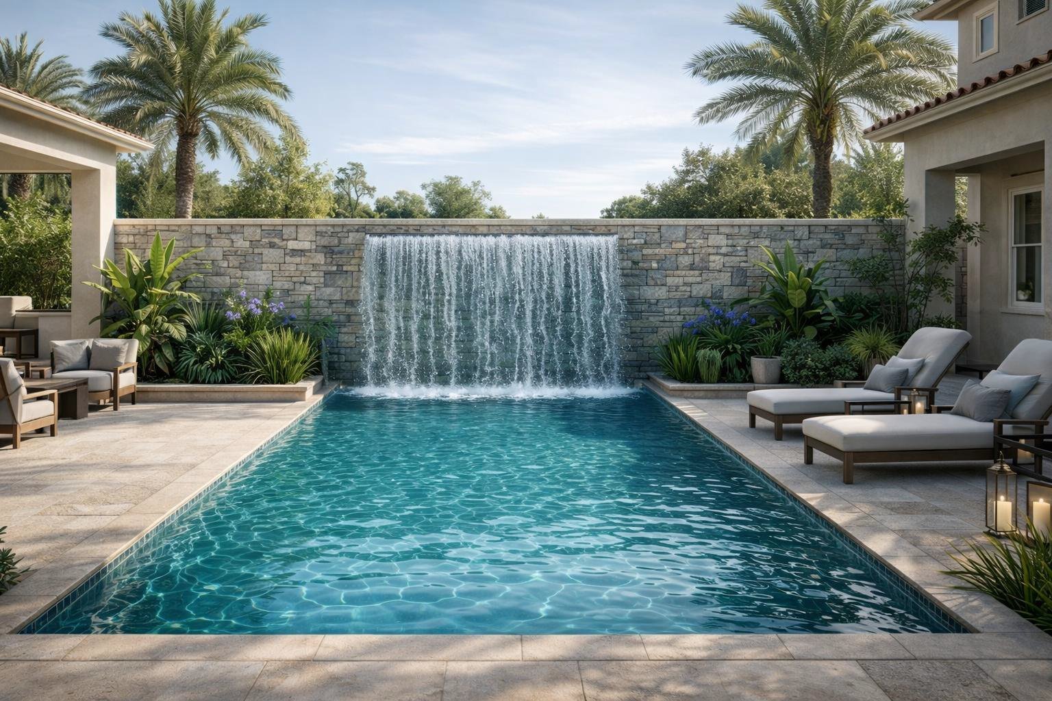 Central swimming pool with waterfall wall and sun loungers at Ganga Vana Villas